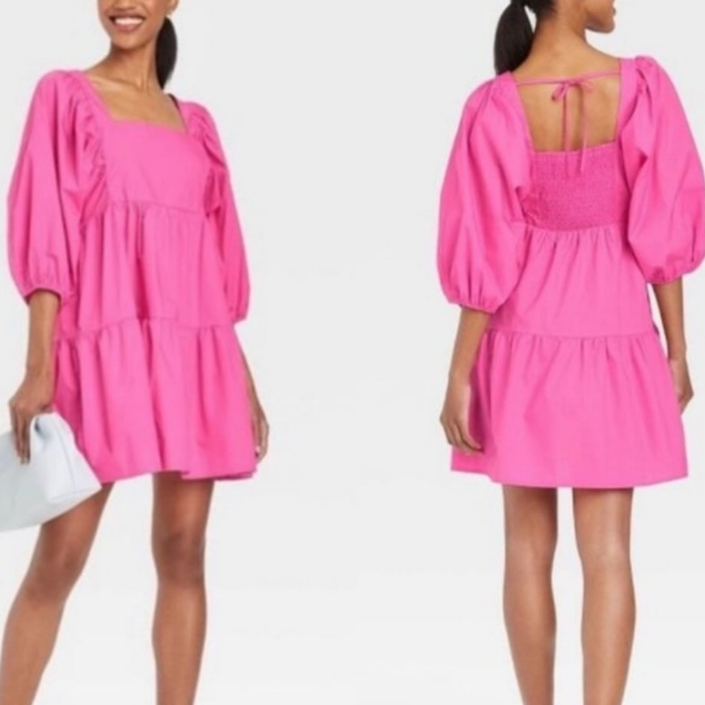 A New Day Hot Pink Puff Sleeve Tiered Mini Dress Smocked Back 100% Cotton Sz L